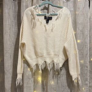 Forever 21 Cream Frayed V-Neck Sweater